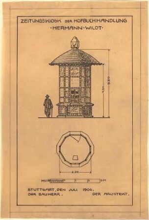 Fischer, Theodor; Stuttgart; Zeitungs-Kiosk Wildt - Grundriss, Ansicht