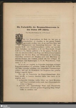 Die Fortschritte des Bergmaschinenwesens in den letzten 100 Jahren