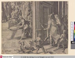 [Daniel verstreut Asche auf dem Boden des Tempels und Kyrus versiegelt die Tür; Daniel strewing ashes in the temple, and Cyrus sealing the door]