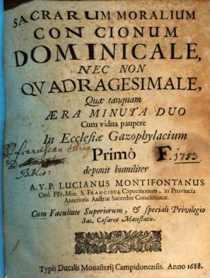 Sacrarum Moralium Concionum Dominicale, Nec Non Qvadragesimale, 1. Dominicale, Nec Non Quadragesimale
