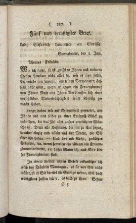 Fünf und dreyßigster Brief. Lady Elisabeth Lawrence an Clarissa. - Zwey und vierzigster Brief. Fräulein Howe an Clarissa.