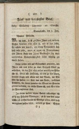 Fünf und dreyßigster Brief. Lady Elisabeth Lawrence an Clarissa. - Zwey und vierzigster Brief. Fräulein Howe an Clarissa.