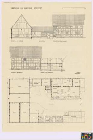 Obernfeld (Kreis Duderstadt): Dreiseithof. - Scheune (Querschnitt A-B, Grundriss). - Schaftstall (Seiten-Ansicht, Grundriss). - Wohnhaus (Seiten-Ansicht, Grundriss). - Kuhstall (Grundriss). - Remise (Grundriss). - Schweinestall (Grundriss). - Schweinekoben (Grundriss). - Abort (Grundriss). - Brunnen