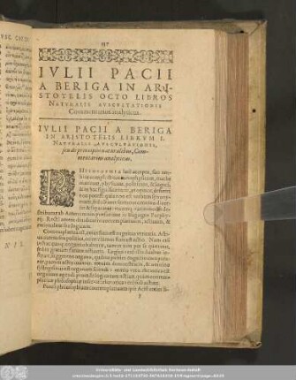 Iulii Pacii A Beriga In Aristotelis Octo Libros Naturalis Auscultationis Commentarius analyticus.