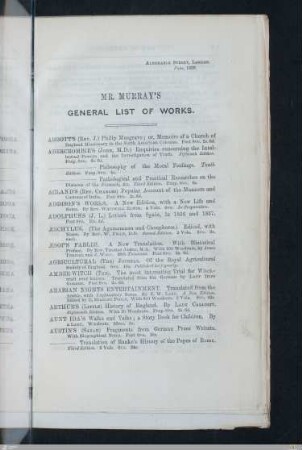Mr. Murray's General list of works [Verlagsbibliographie]
