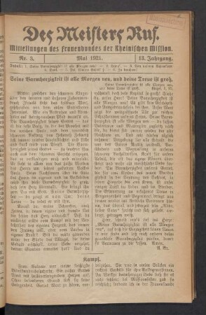 Nr. 3. Mai 1921. 13. Jahrgang