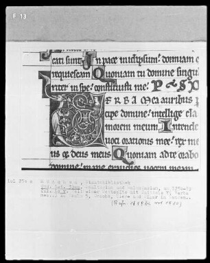Psalterium mit Kalendarium — Initiale V (erba mea) mit Drache und Figur in Ranken, Folio 10verso