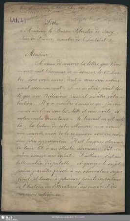 2: Lettre à Mr. le Baron Silvestre de Sacy, Pair de France. Bonn, 20.01.1833. Abschrift (= 6 Bl.)