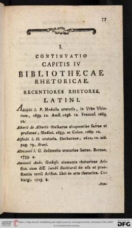 I. Continvatio Capitis IV Bibliothecae Rhetoricae
