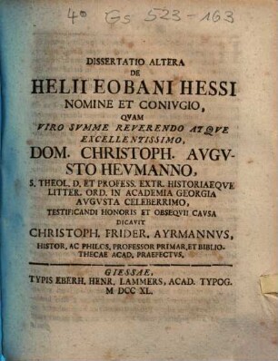 Dissertatio Altera De Helii Eobani Hessi Nomine Et Conivgio