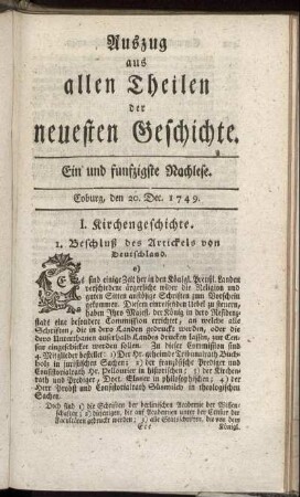 Ein und funfzigste Nachlese. Coburg, den 20. Dec. 1749.