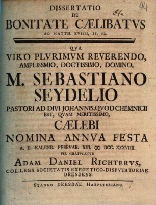 Dissertatio De Bonitate Caelibatvs Ad Matth. XVIIII, 11. 12.
