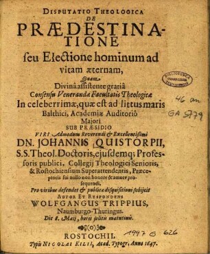 Disputatio Theologica De Praedestinatione seu Electione hominum ad vitam aeternam