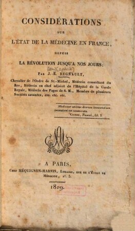 Considérations sur l'état de la médecine en France, depuis la révolution jusqu'a nos jours