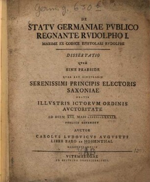 De Statu Germaniae Publico Regnante Rudolpho I. : Maxime Ex Codice Epistolari Rudolphi