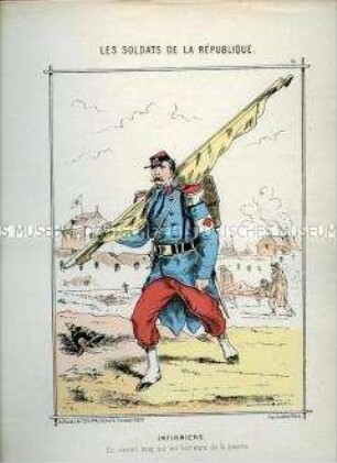 Karikatur, Sanitäter mit Bahre, Frankreich, 1870, Tafel 31 aus: Les Soldats de la République. L'Armée Française en campagne.