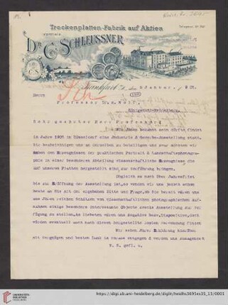 Brief von Carl Schleussner von Dr. C. Schleussner AG (Frankfurt, Main) an Max Wolf