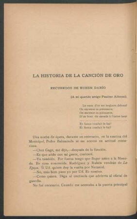 La historia de la Canción del Oro : Recuerdos de Rubén Darío