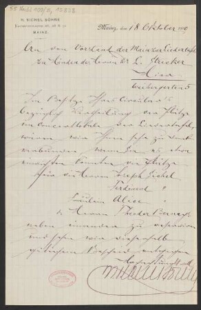 Brief an Ludwig Strecker  und Mainzer Liedertafel und Damengesangverein : 18.10.1890