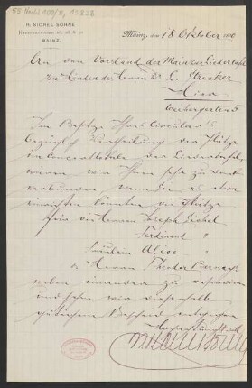 Brief an Ludwig Strecker <senior> und Mainzer Liedertafel und Damengesangverein : 18.10.1890