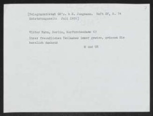 Brief von Gerhart Hauptmann an Viktor Hahn