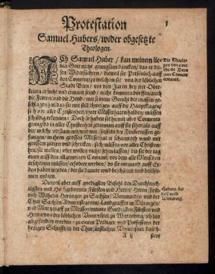 Protestation Samuel Hubers/ wider obgesetzte Theologen.