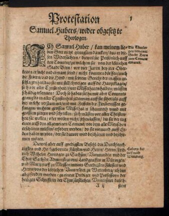Protestation Samuel Hubers/ wider obgesetzte Theologen.