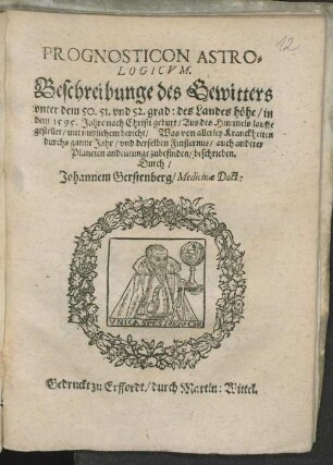 Prognosticon astrologicum : Beschreibunge des Gewitters unter dem 50. 51. und 52. grad des Landeshöhe in dem 1595. Jahre nach Christi geburt ...