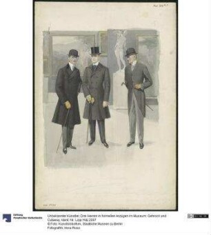 Drei Herren in formellen Anzügen im Museum: Gehrock und Cutaway