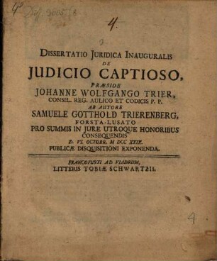 Dissertatio Juridica Inauguralis De Judicio Captioso
