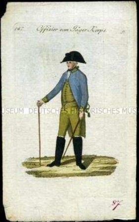Uniformdarstellung, Offizier des Jäger-Korps, Österreich, 1796. Tafel aus: Geschichte und bildliche Vorstellung der Regimenter des Erzhauses Österreich.