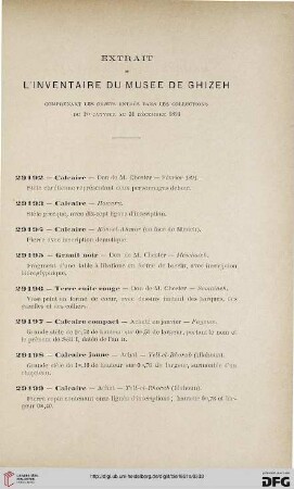 Extrait de l'inventaire du Musée de Ghizeh