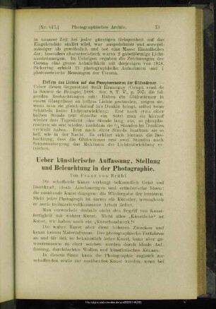 Ueber künstlerische Auffassung, Stellung und Beleuchtung in der Photographie
