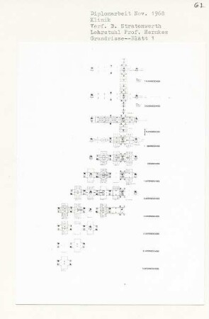 Klinik (Diplomarbeit bei Bernhard Hermkes): Grundrisse 1. - 6. Untergeschoss, Erdgeschoss, 1. Obergeschoss und Klinikgeschosse