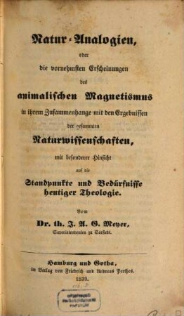 Natur-Analogien : oder die vornehmsten Erscheinungen des animalischen Magnetismus