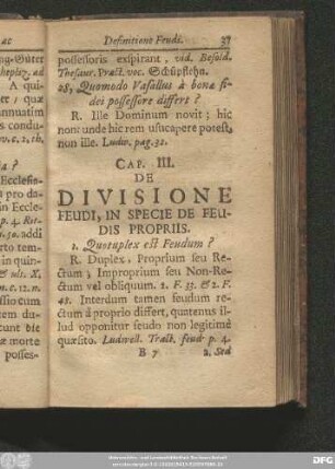 Cap. III. De Divisione Feudi, In Specie De Feudis Propriis.