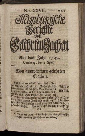 No. XXVII. Hamburg, den 2 April 1732 - No. XXXV. Hamburg, den 29 April 1732