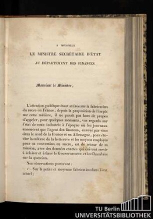 A Monsieur Le Ministre Secrétaire d'État au Département des Finances