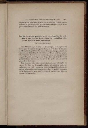 Sur un nouveau procédé pour reconnaitre la présence des perles fines dans les coquilles des Unios vivantes sans les ouvrir.