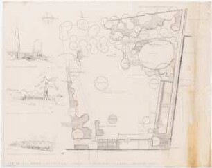 Garten Schulz, Schernikau: Gartenplan 1:100, 3 perspektivische Ansichten (Schöpfbrunnen, Sommerblumengarten und Sitzbank an der Eiche)