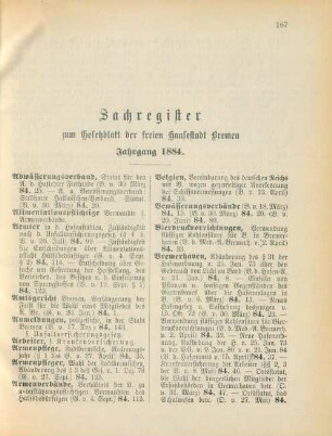 Sachregister zum Gesetzblatt der freien Hansestadt Bremen. Jahrgang 1884