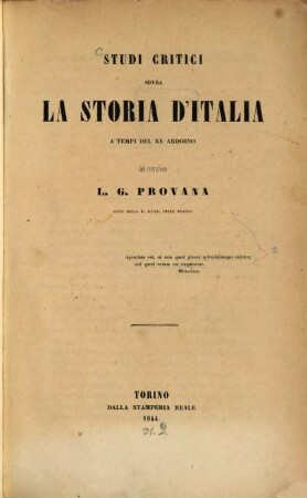 Studi Critici sovra la Storia d'Italia a'tempi del Re Ardoino