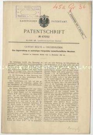 Patentschrift einer Zugvorrichtung an zweirädrigen Fahrgestellen landwirtschaftlciher Maschinen, Patent-Nr. 47092