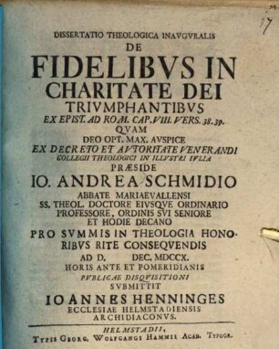 Diss. theol. inaug. de fidelibus, in charitate Dei triumphantibus