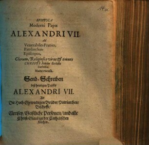 Epistola moderni papae Alexandri VII. ad venerabiles Fratres, Patriarchas, Episcopos ...