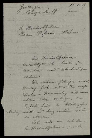 Nr. 1: Brief von Georg Bachimont an Friedrich Carl Andreas, Göttingen, 10.6.1914