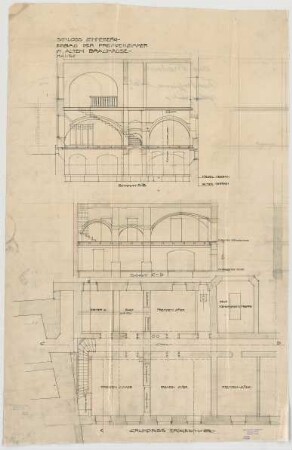 Thiersch, Friedrich von; Glonn (Obb.); Schloss Zinneberg - Altes Schloss - Fremdenzimmer im Brauhaus (Grundriss EG, Schnitte)