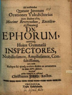 Ad audiendas quatuor iuvenum orationes valedictorias cum duabus aliis ... Dn. ephorum, caeterosque huius gymnasii inspectores ... invitat ... Christianus Fritzsche : [praefatus de discendi studio]