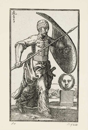 Fußsoldat mit Schild und Spieß, aus: Melchior Lorch, "Des Weitberühmten Kunstreichen und Wolerfahrnen herrn Melchior Lorichs, Flensburgensis Wolgerissene und geschnittene Figuren zu Ross und Fuss sampt schönen Türkischen Gebäuden und allerhand was in der Türkey ze sehen", Hamburg 1626