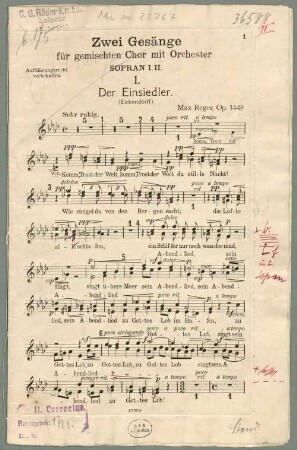 Der Einsiedler, Bariton, Coro, orch, op.144a, RWV p.825-830, As-Dur - BSB Mus.ms. 23767 : [caption title on several parts:] Zwei Gesänge // für gemischten Chor mit Orchester // [...] // 1. // Der Einsiedler. // (Eichendorff)
